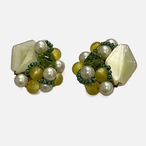 Vintage Mid Century Clip On Earrings Pearl Yellow Chartreuse Green Bead Clusters